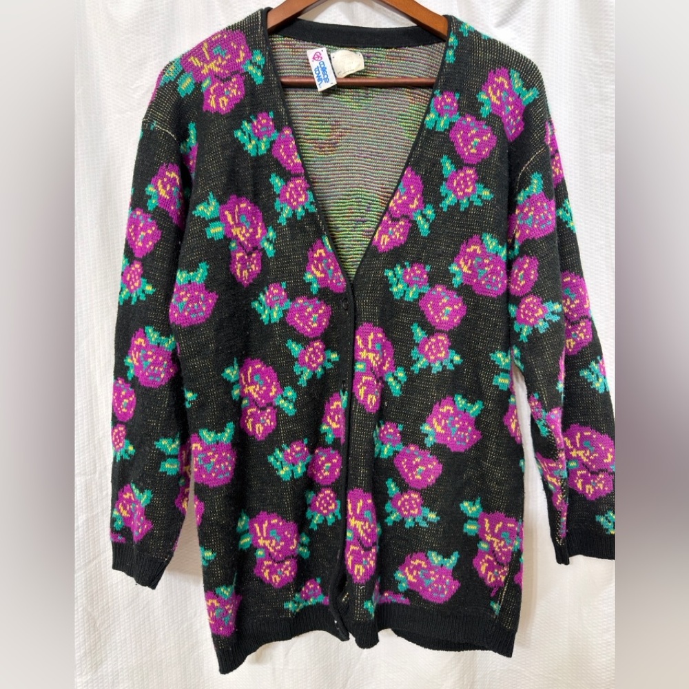 Vtg College Town 90s Women's Wool Blend Button Front‎ Floral Cardigan Sweater M
